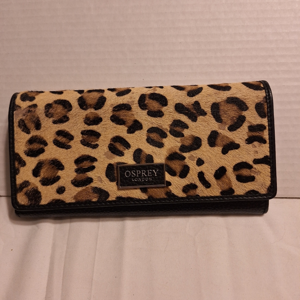 Osprey London Julia Leopard Leather Calf Hair Trim Large BiFold Organizer Wallet